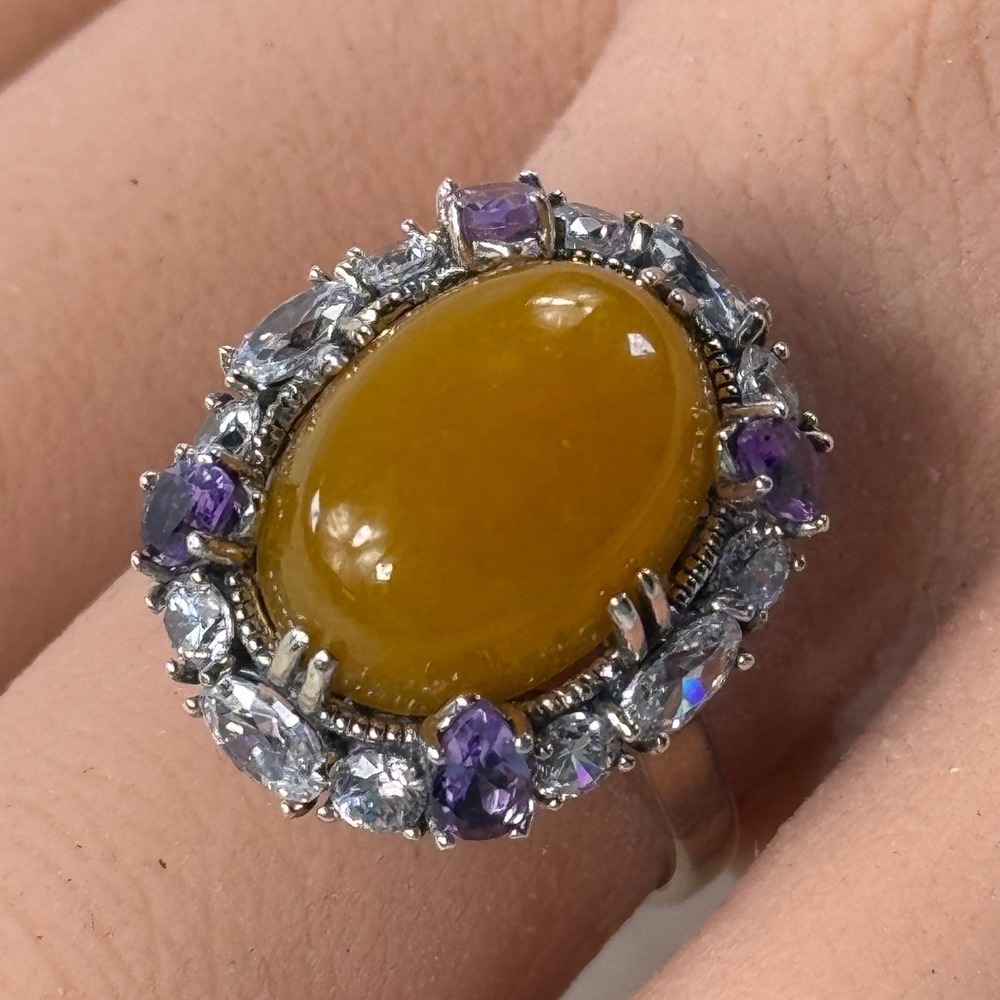 JOY 925 Sterling Silver Yellow Jade size 10 Amethyst Halo Filigree Cocktail Ring